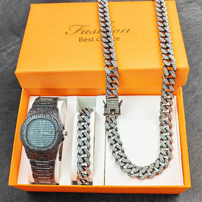 Reloj de Hip Hop, pulsera, collar, caja, conjunto, reloj de diamantes_voghion.com