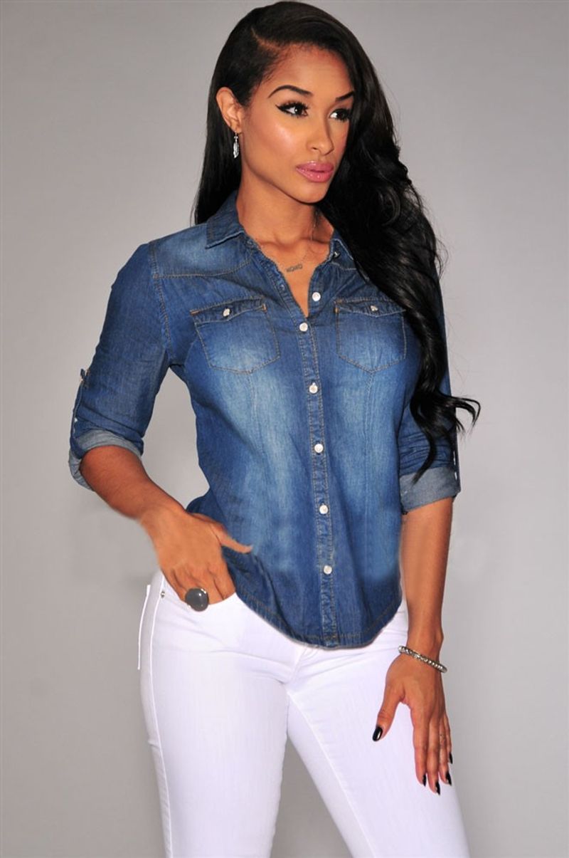 Kadın nostaljik retro yıkanmış uzun kollu kadın denim gömlek gömlekleri_voghion.com