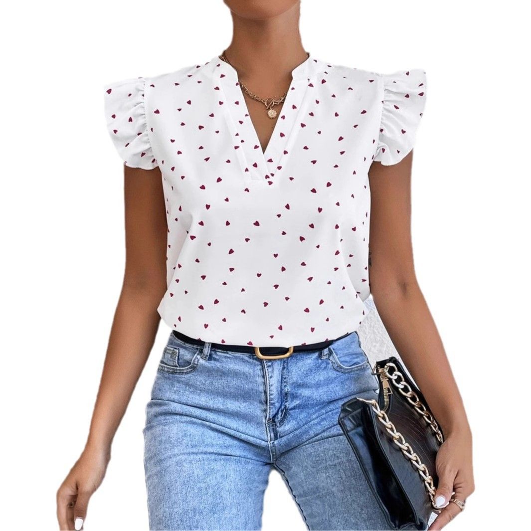 2025 nova modna ženska majica z naborki in potiskanim V-izrezom_voghion.com