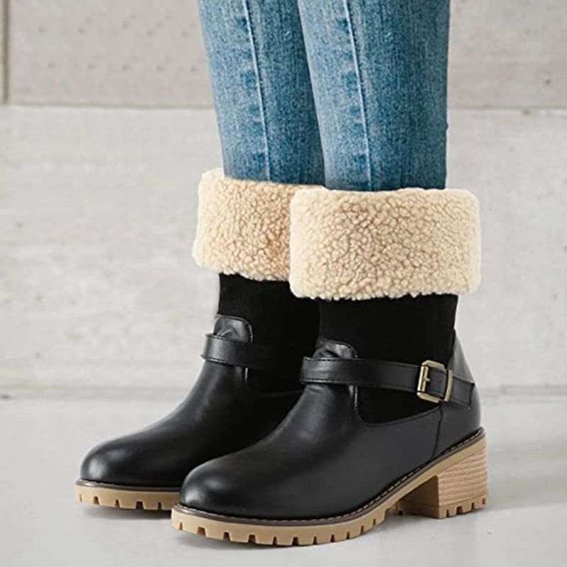 Wish cross border foreign trade new snow boots women autumn and winter low barrel solid color velvet cotton warm belt buckle large size women's boots_voghion.com