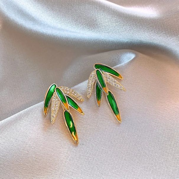Nuovo stile cinese Feng Shui diamante foglia di bambù donne, luce lusso, alta qualità, orecchini atmosferici, aghi d'argento, orecchini di minoranza per le donne_voghion.com