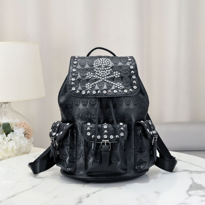 Gothic-Totenkopf-Rucksack – Mit Nieten und Strass verzierte Unisex-Laptoptasche – Punkrock-Schulrucksack für Männer und Frauen_voghion.com