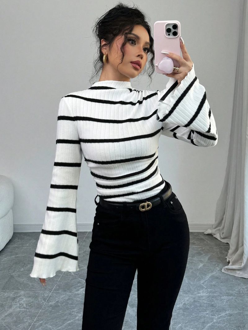 Women's Striped Knit Top - Stand Collar Long Sleeve Casual Shirt (Breathable Cotton, Spring Summer Essential, Comfort Fit)​_voghion.com