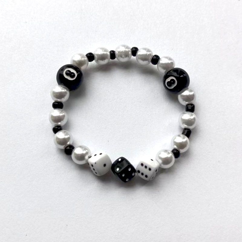 American Hip-Hop And White Dice Trendy Couple Pool Ball Black Eight Bracelet Men Versatile Disco Hot Sale Elastic String_voghion.com