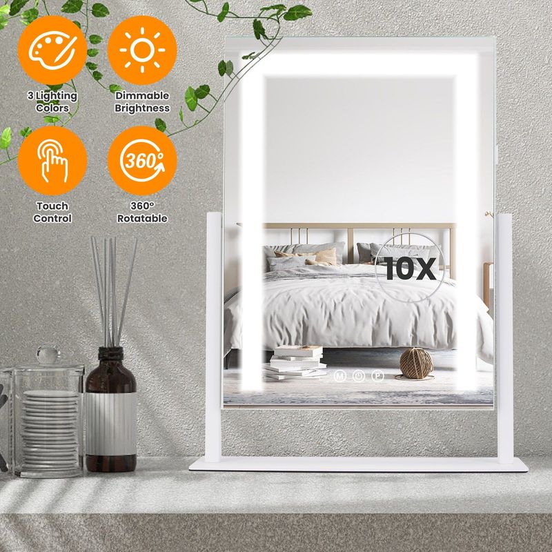 Vanity Mirror With Lights,3 Lighting Colors Dimmable Brightness Smart Touch Control 10X Magnifying Mirror 360°Rotation LED Lighted Makeup Mirror For Desk Bedroom Dressing Room_voghion.com