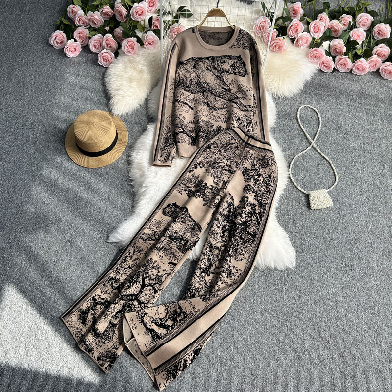 Damen-Pullover mit Rundhalsausschnitt + Hose mit weitem Bein, zweiteiliges trendiges Set, gestrickter Druckanzug mit künstlerischer Atmosphäre_voghion.com