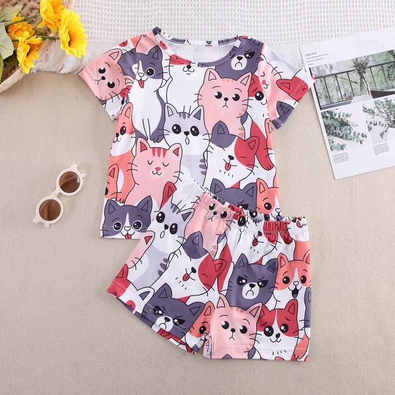Mutter & Kinder Kinderanzug Mode Kurzarm Top Shorts 2 Stück Anzug Cartoon Kätzchen Muster_voghion.com