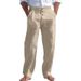 Men's Cotton Linen Drawstring Pants With Button Decor - Straight Leg Breathable Summer Beach Trousers For Casual Comfort_voghion.com