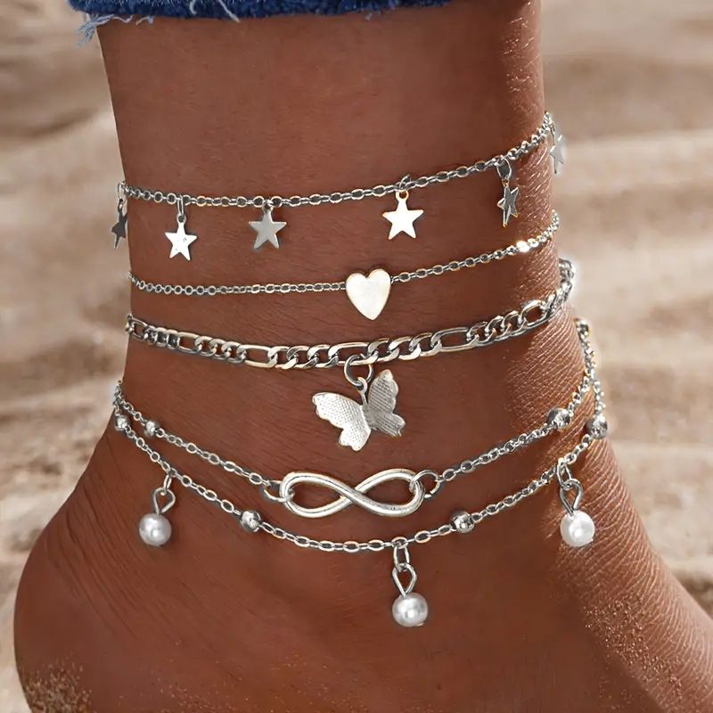 Hot Selling Set Simple Personality Fishbone Heart Cuban Chain Multi-layer Beach Anklet Foot Jewelry_voghion.com
