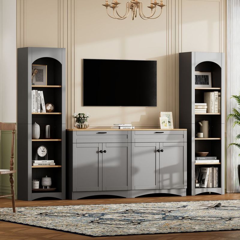 ON-TREND 3-Piece Farmhouse Entertainment Center With Storage Cabinet For TVs Up To 70', Mid-Century TV Stand With Bookshelf, Rustic Versatile Sidebo_voghion.com