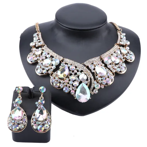 Modischer Kristall Choker Statement Halskette Ohrring Kragen Boho Schmuckset Hochzeitsgeschenk Frauen Bräute Abschlussball Party_voghion.com