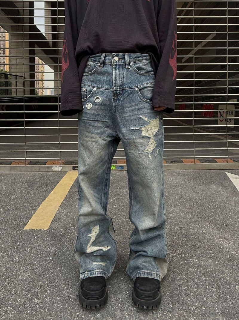 Herrenbekleidung Vibe High Street Retro Washed Blue Distressed Heavy Work Zerrissene Jeans Gerade Schlaghose Lockere Hose_voghion.com
