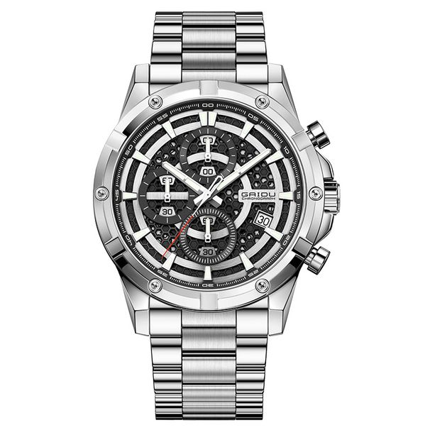 Orologio da uomo al quarzo impermeabile in stile punk con funzione data, lancette luminose e quadrante multifunzionale - Cinturino in acciaio inossidabile, cassa rotonda da 42 mm_voghion.com