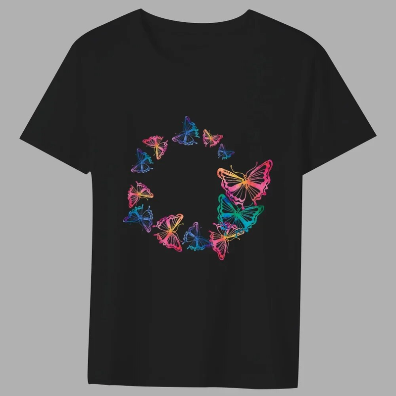 T-shirt comoda da pendolare con scollo a O, serie di modelli di stampa a farfalla a colori classica casual da uomo alla moda_voghion.com
