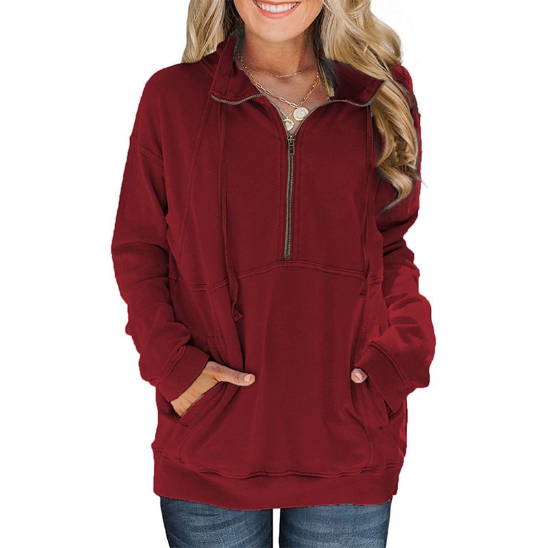 Shiying top a maniche lunghe, tasca da donna, felpa casual con cappuccio e mezza cerniera per le donne_voghion.com