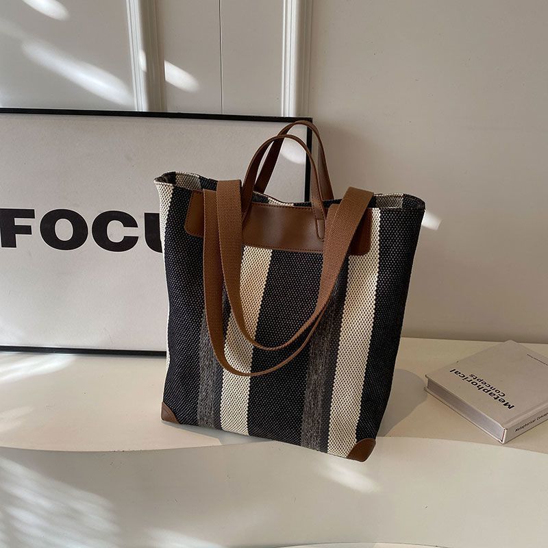 Borsa a mano da donna in tela a righe, grande capacità, nuova moda 2024, tracolla per studenti, classe, borsa tote da viaggio_voghion.com