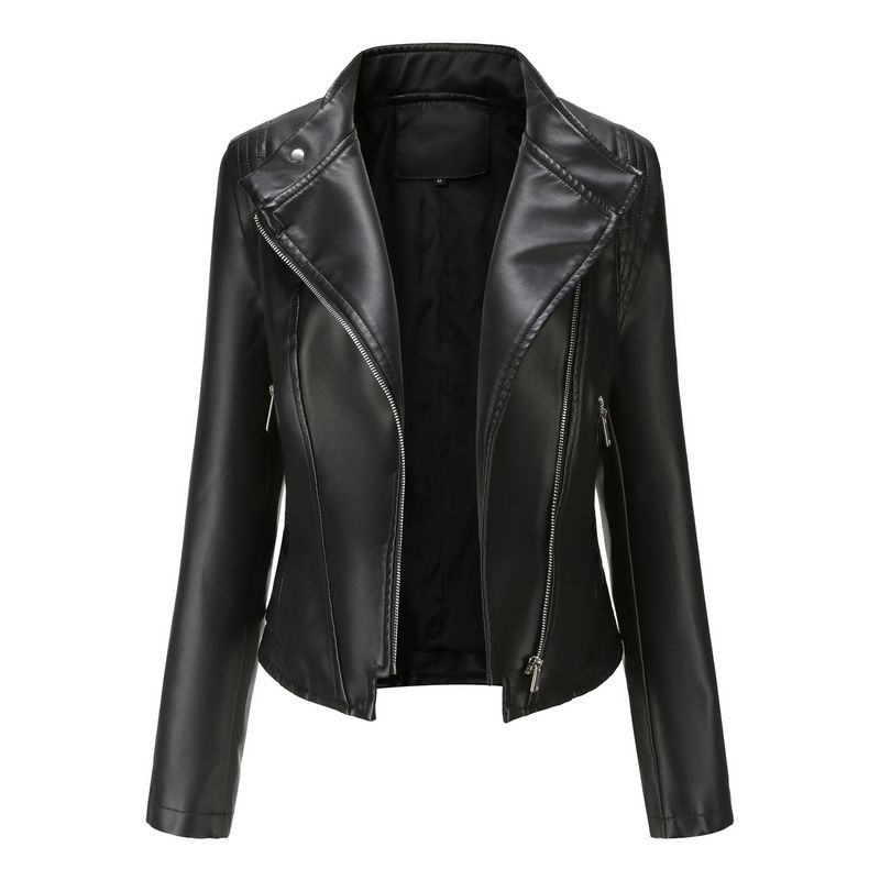 Vêtements pour femmes nouvelle veste en cuir mince à revers PU printemps et automne manteau mince à manches longues veste courte_voghion.com