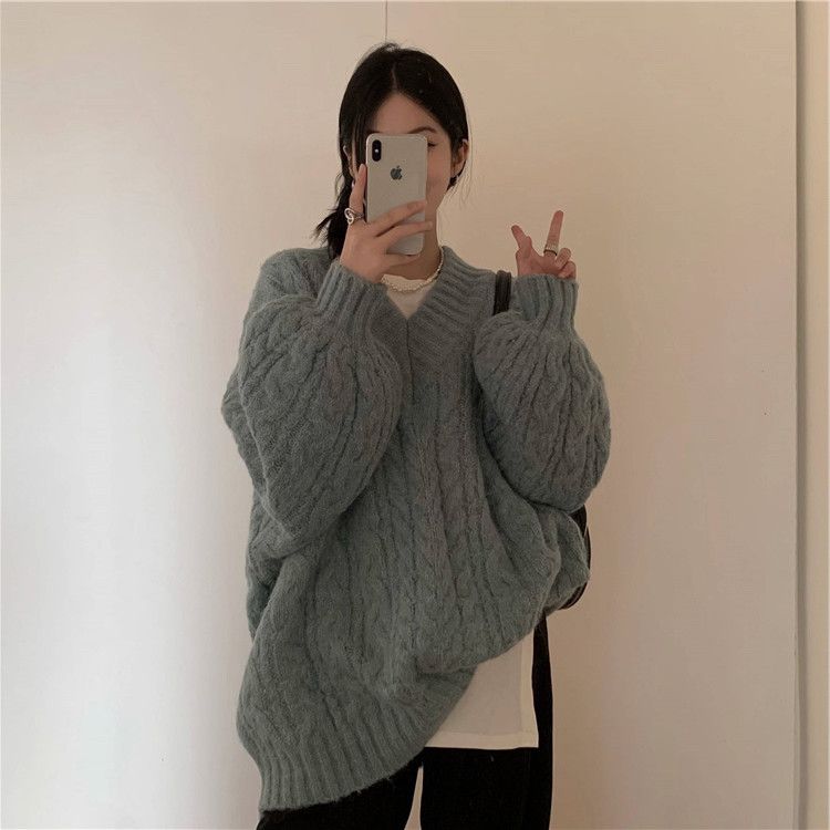 V-Ausschnitt, verdickter Twist-Pullover, Damenoberbekleidung, Design Sense Niche, warmer Strickpullover_voghion.com