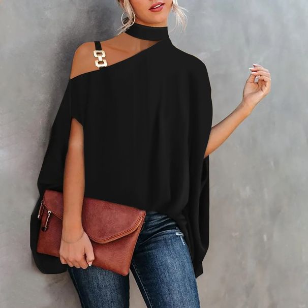 Moda feminina estampa digital sexy gola diagonal solta top_voghion.com