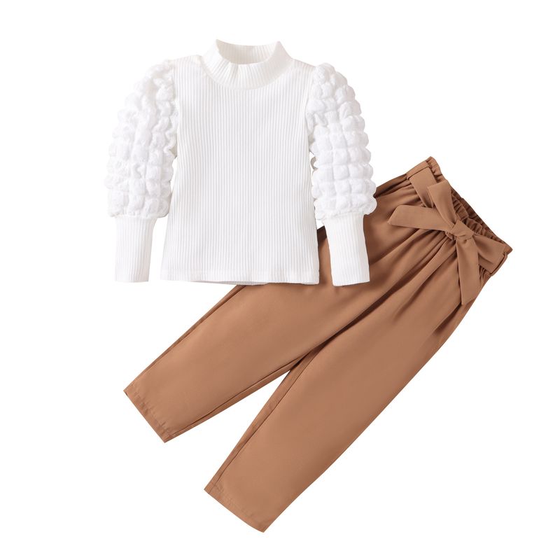 Kannerkleeder nei Puffy Ärmelen Héichhals Gestrickte Top Rimm Hosen Moudemodell Kannerkostüm_voghion.com