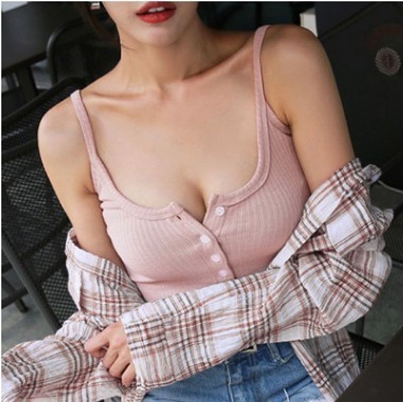 Tank Top Sexy Open Brust Slim Fit Kurzer Knopf Eng Nachtclub Damen Sommer Unterteil Dünnes Trägertop_voghion.com
