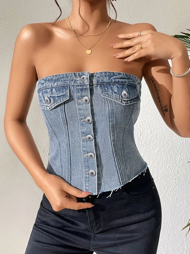 Parte de atrás bonita estilo sujetador, top de tubo vaquero para mujer, camisola corta sin tirantes para chica, chaleco pequeño, top para uso exterior_voghion.com