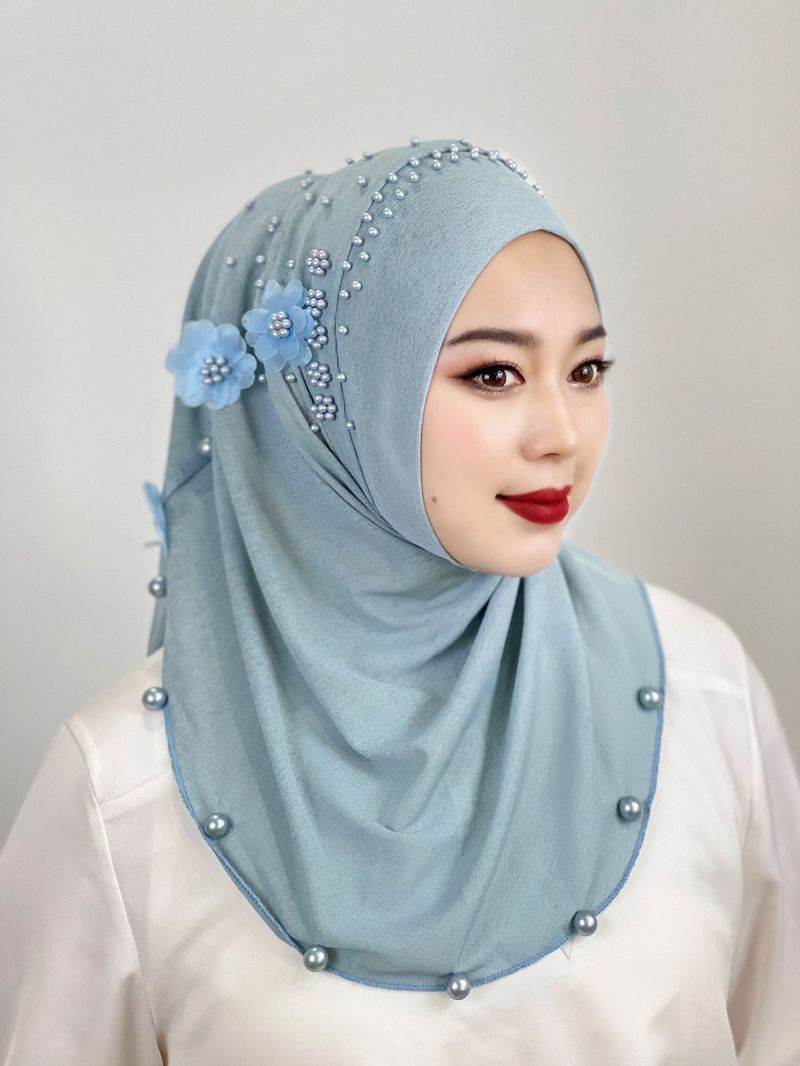 Women's Hijab ladies' headscarf hat with beaded nails and flower shawl elastic solid color ethnic pullover hat_voghion.com