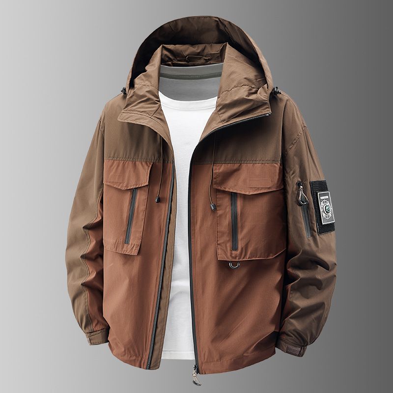 Freizeitjacke für Herren mit Kompass-Aufnäher – Arbeitsmantel für den Frühling, lockere Passform, Utility-Jacke mit mehreren Taschen für draußen und den Alltag_voghion.com