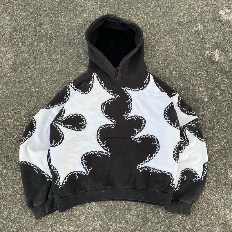 Herrenbekleidung Herbst neue Patchwork-Stickerei schwarz-weiß Kontrast Composite Craft Hoodie Unisex lockerer Pullover Pullover_voghion.com