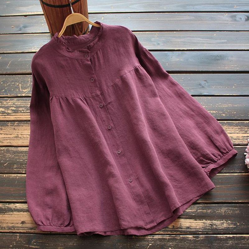 2024 Primavera e Autunno Nuova Grande Lunga Manica a Lanterna Pizzo Girocollo Camicia di Cotone per le Donne_voghion.com