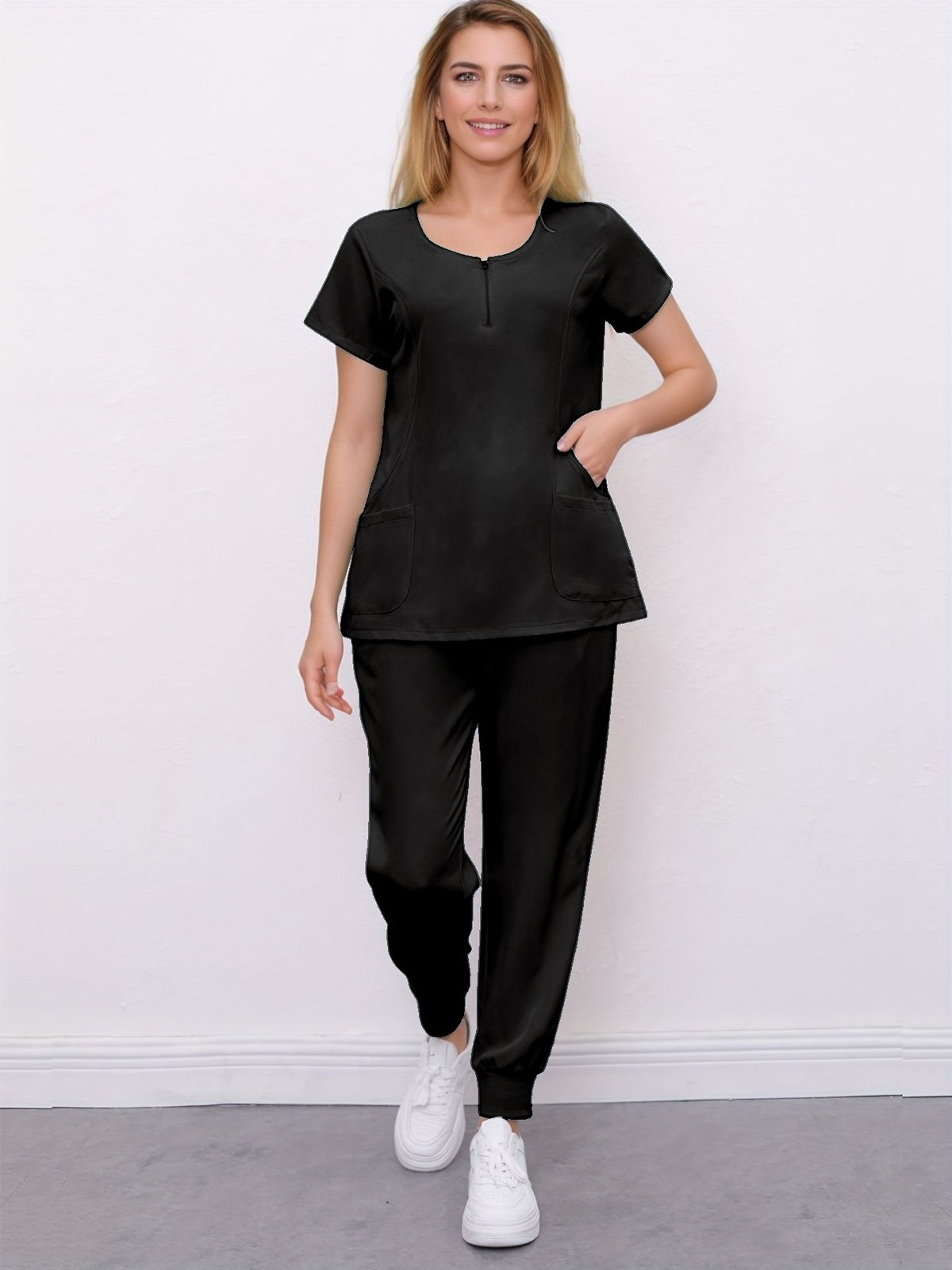 Damen OP-Anzug für Krankenschwestern, lässiger Operationsanzug, elastischer Reißverschluss, Haustier-Waschkleidung, kurzärmelig, Arbeitskleidung_voghion.com