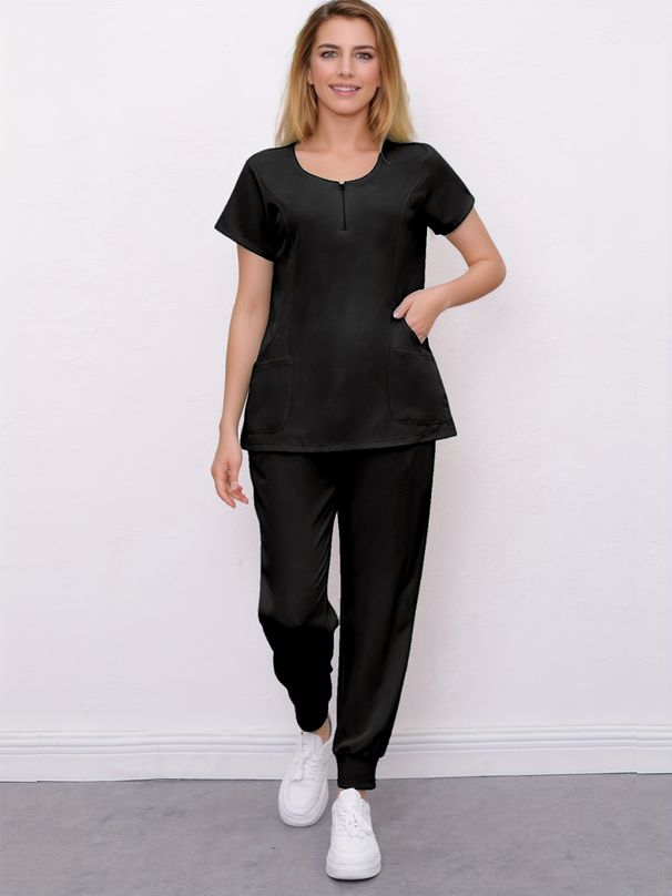 Damen OP-Anzug für Krankenschwestern, lässiger Operationsanzug, elastischer Reißverschluss, Haustier-Waschkleidung, kurzärmelig, Arbeitskleidung_voghion.com