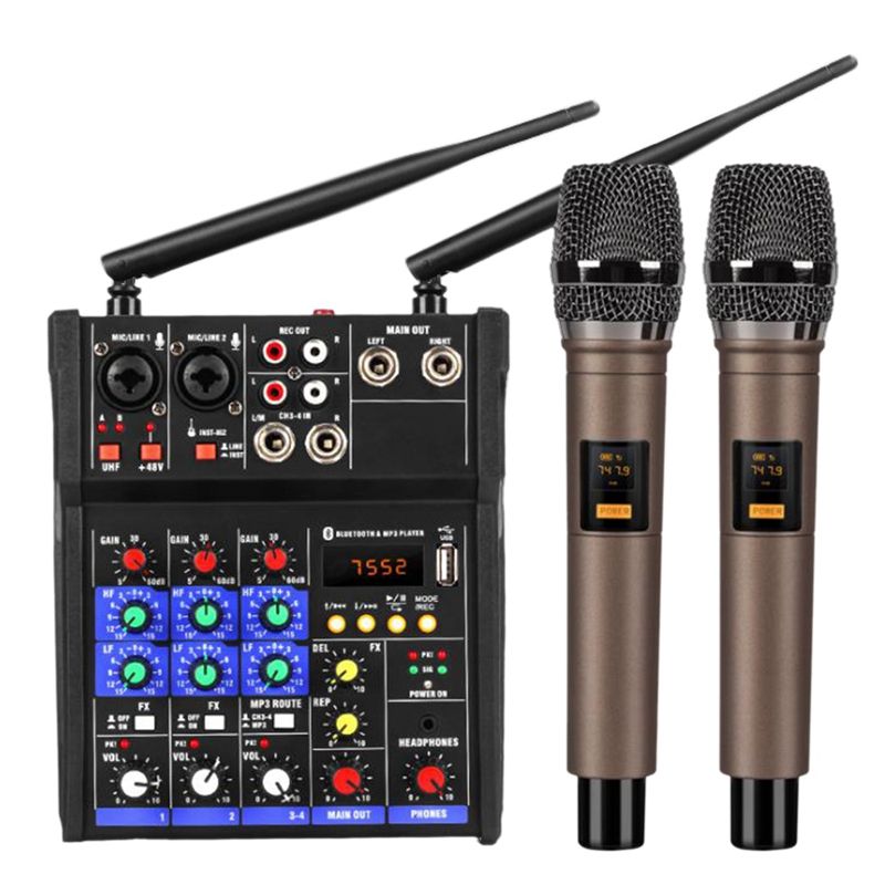 Console mixer audio a 4 canali con microfono wireless, mixaggio audio con Bluetooth USB Mini DJ Mixer + Karaoke wireless_voghion.com