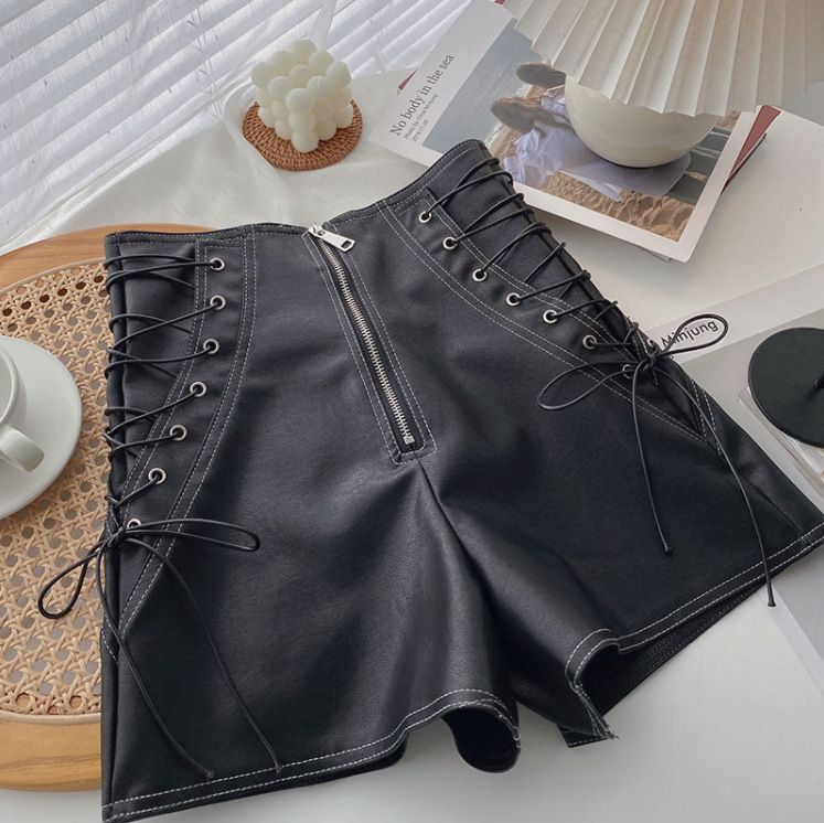 Ledershorts für Mutter und Kind im neuen koreanischen Stil aus PU-Leder, elastischer Halbreißverschluss, hohe Taille, A-Linie, Kordelzug, lässige Stiefelhose_voghion.com
