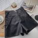 Ledershorts für Mutter und Kind im neuen koreanischen Stil aus PU-Leder, elastischer Halbreißverschluss, hohe Taille, A-Linie, Kordelzug, lässige Stiefelhose_voghion.com
