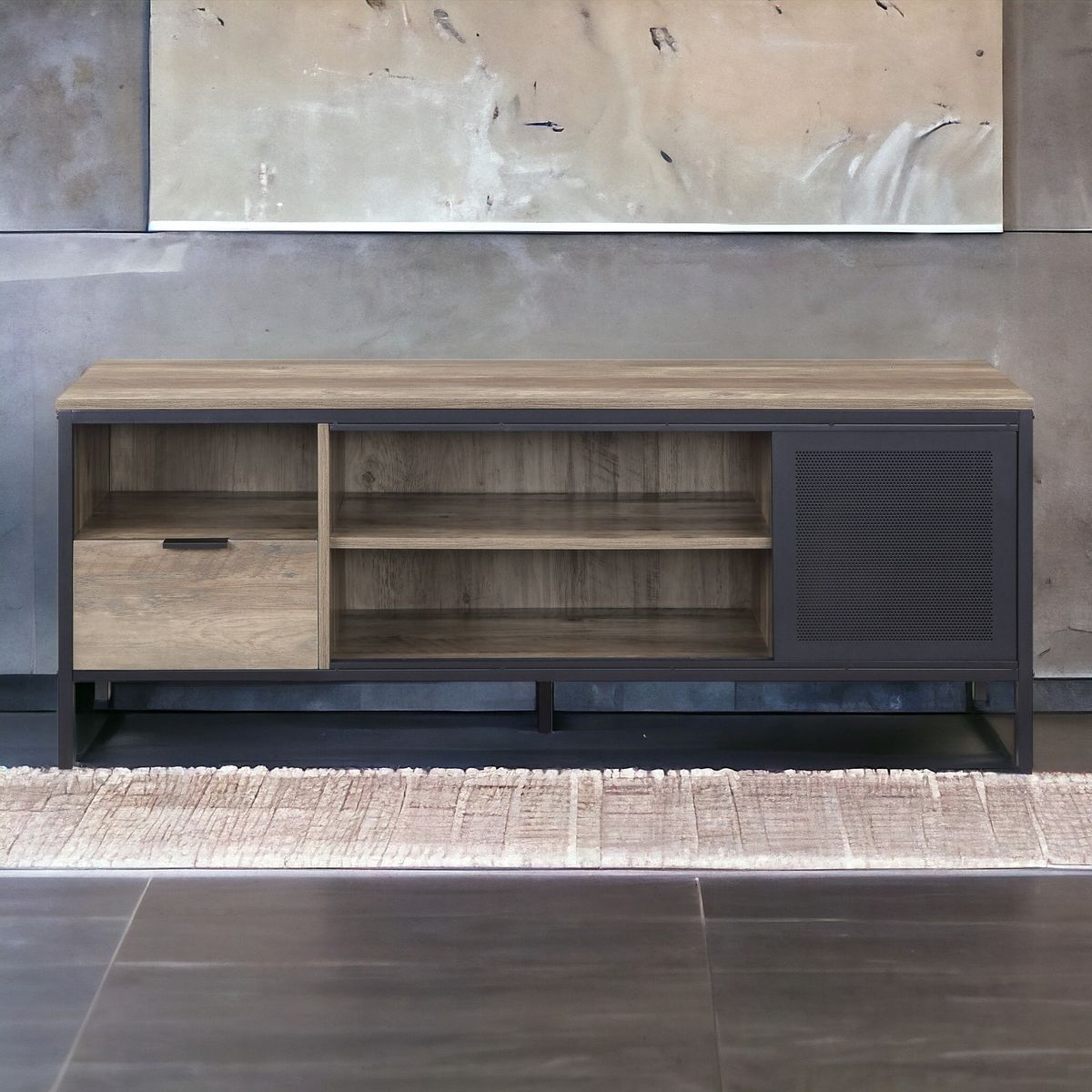 Rustic Oak and Black 1-Drawer TV Stand_voghion.com