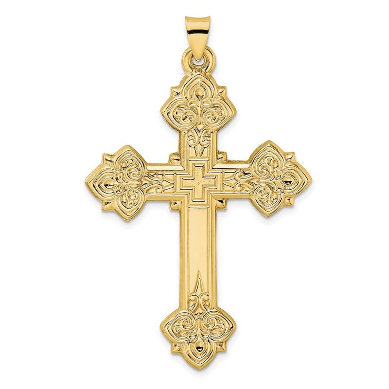 14k Polished Hollow Fancy Fleur De Lis Cross Pendant_voghion.com