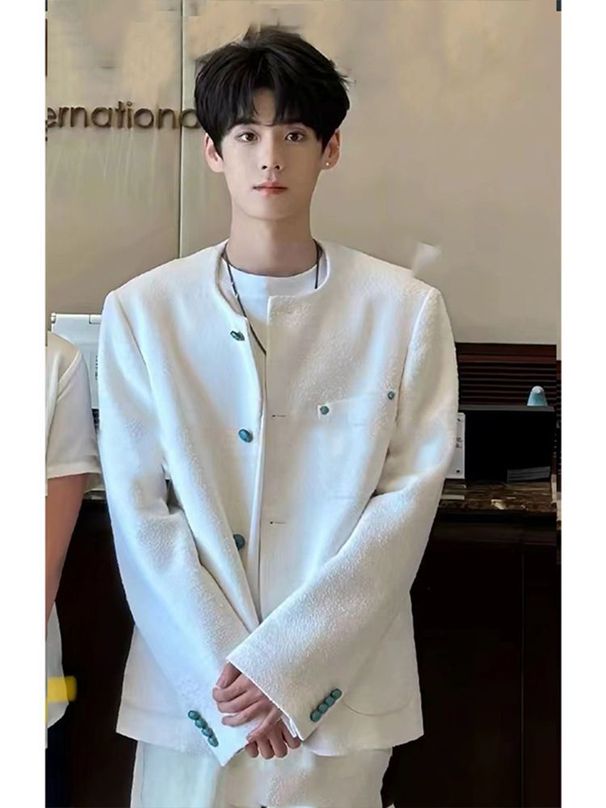 Designer Men's White Short New Spring Autumn High-End Lazy Style Collarless Jacket_voghion.com