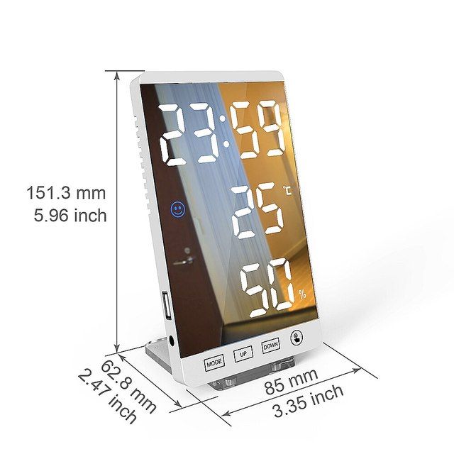 6 Inch LED Mirror Alarm Clock Touch Button Wall Digital Clock Time Temperature Humidity Display USB Output Port Table Clock_voghion.com