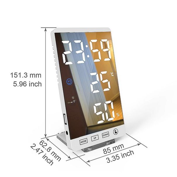 6 Inch LED Mirror Alarm Clock Touch Button Wall Digital Clock Time Temperature Humidity Display USB Output Port Table Clock_voghion.com