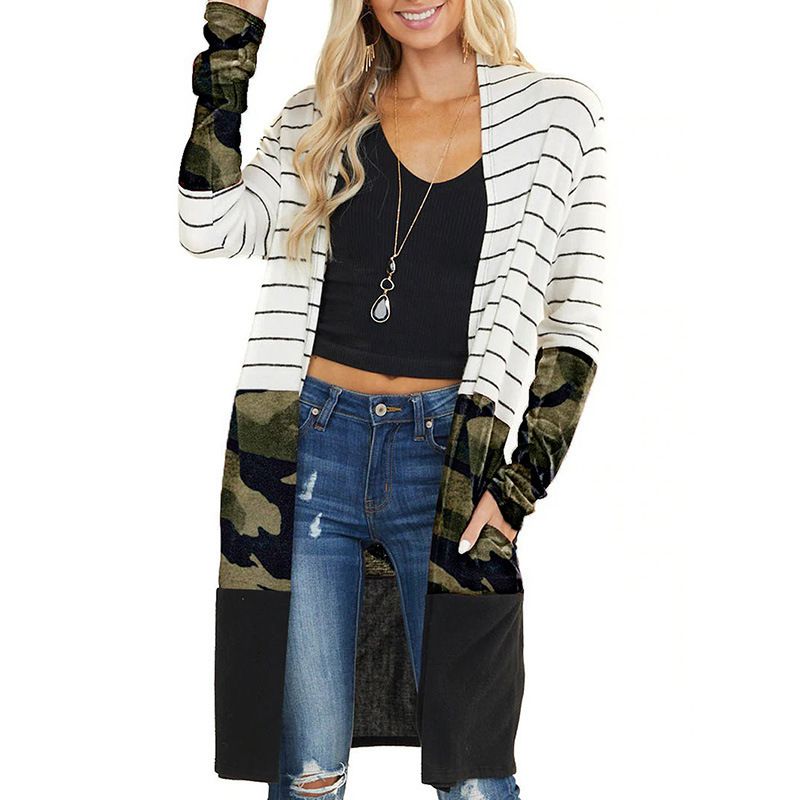 Women's Clothing Knitted Sweater Autumn and Winter New Stripes Contrast Color Splicing Plaid Casual Jacket_voghion.com