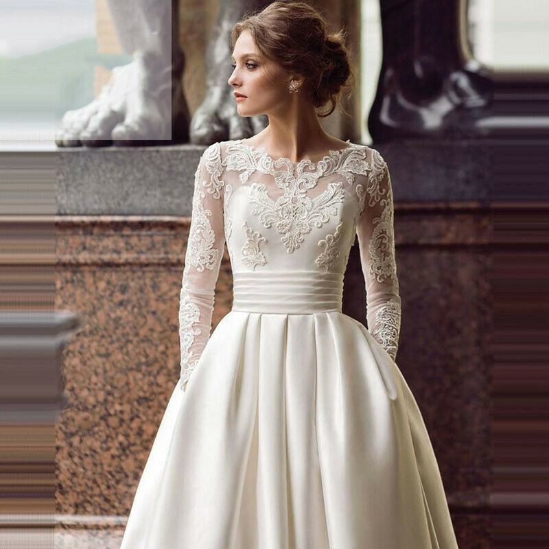 Abito da sposa con applicazioni in pizzo satinato - Abito da sposa snellente a trapezio con strascico a cappella (avorio, taglie dalla 2 alla 26W, poliestere, vita alta, maniche lunghe)_voghion.com