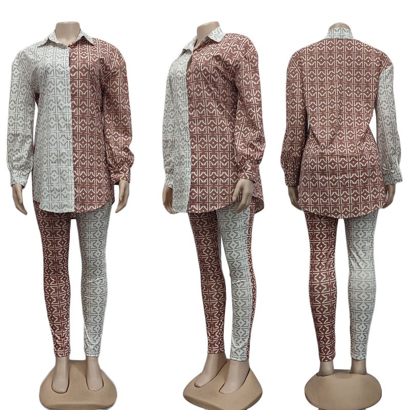 women's clothing, new fashion printed long-sleeved sexy temperament splicing two-piece set_voghion.com