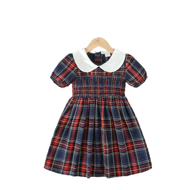 Mother & Kids One piece of 2024 summer new style girls short-sleeved dress for little girls plaid doll collar dress_voghion.com