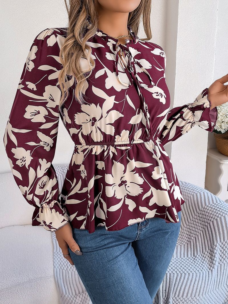 Women's Clothing Spring And Summer Casual Floral Lace Long Sleeve Chiffon Shirt Top_voghion.com