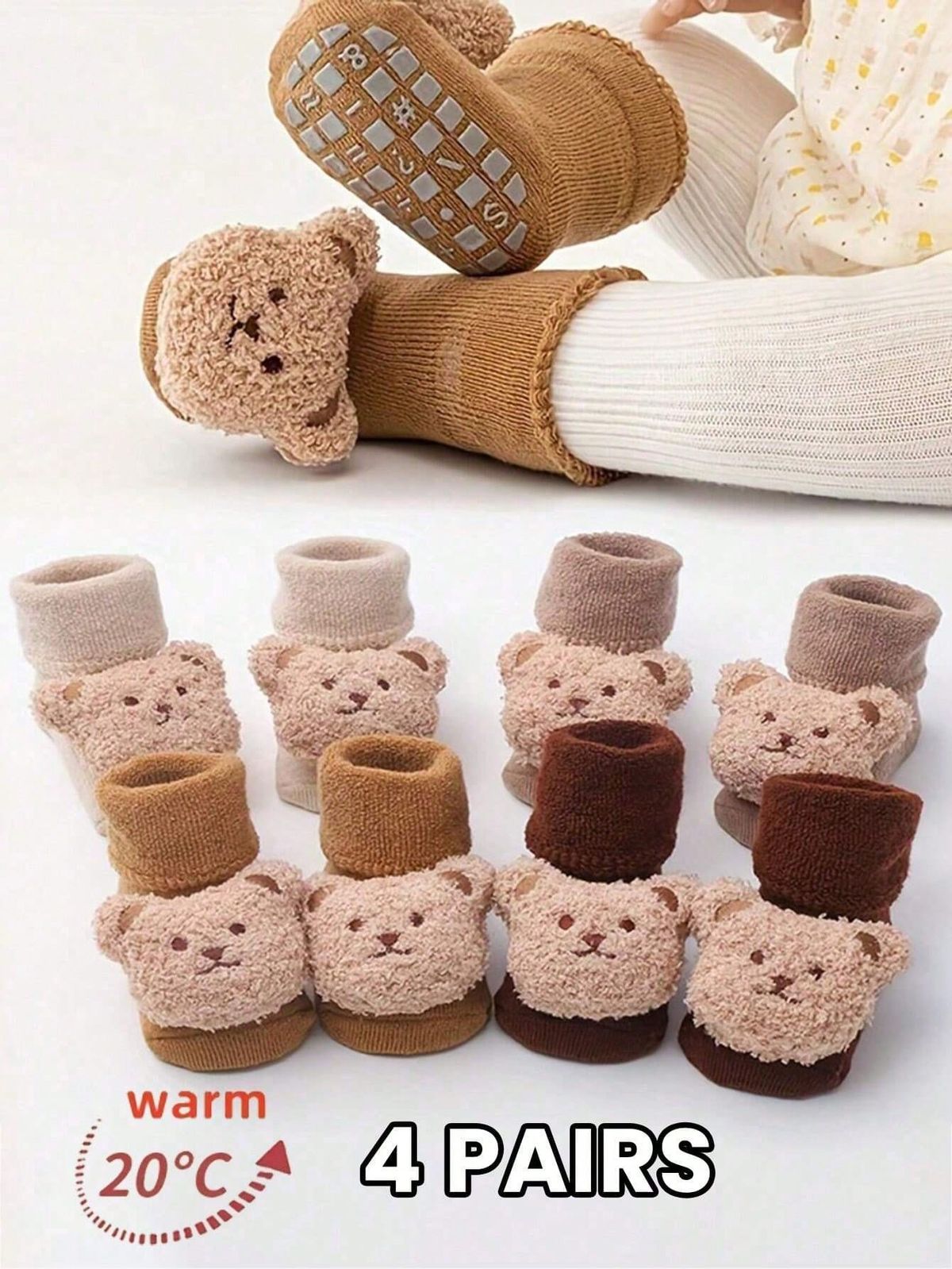 4 Paar dicke, warme Frotteesocken für Kinder mit Cartoon-Bärenmuster, rutschfestem Griff für Herbst und Winter_voghion.com