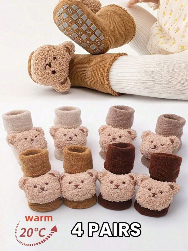 4 Paar dicke, warme Frotteesocken für Kinder mit Cartoon-Bärenmuster, rutschfestem Griff für Herbst und Winter_voghion.com