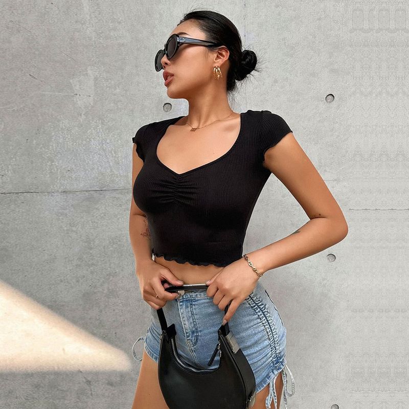 2025 Summer New V-neck Slim Fit Ruched T-shirt Stretchy Crop Solid Color Ultra Short Sleeve Top_voghion.com