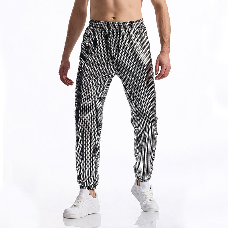 Disco-Partyhose für Herren – Retro-Karo-Metallic-Print, locker sitzende, bequeme Polyesterhose für Freizeit- und Clubkleidung_voghion.com