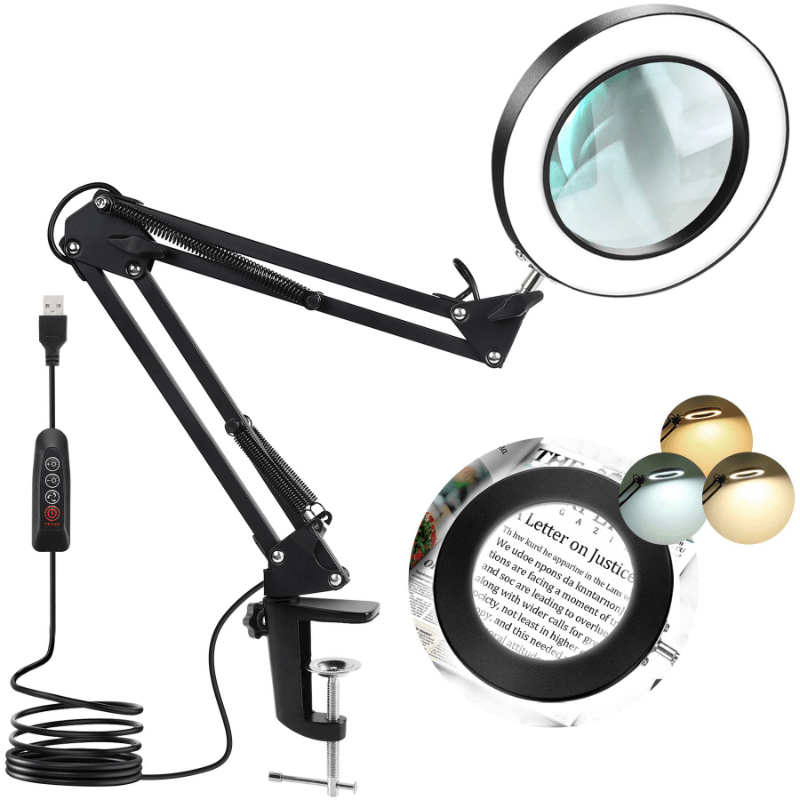 Dimmable LED Desk Lamp with 5X Magnifier Glass and Swing - Flexible Clamp-on Design with 3 Color Modes for Illuminated Reading and Crafting_voghion.com
